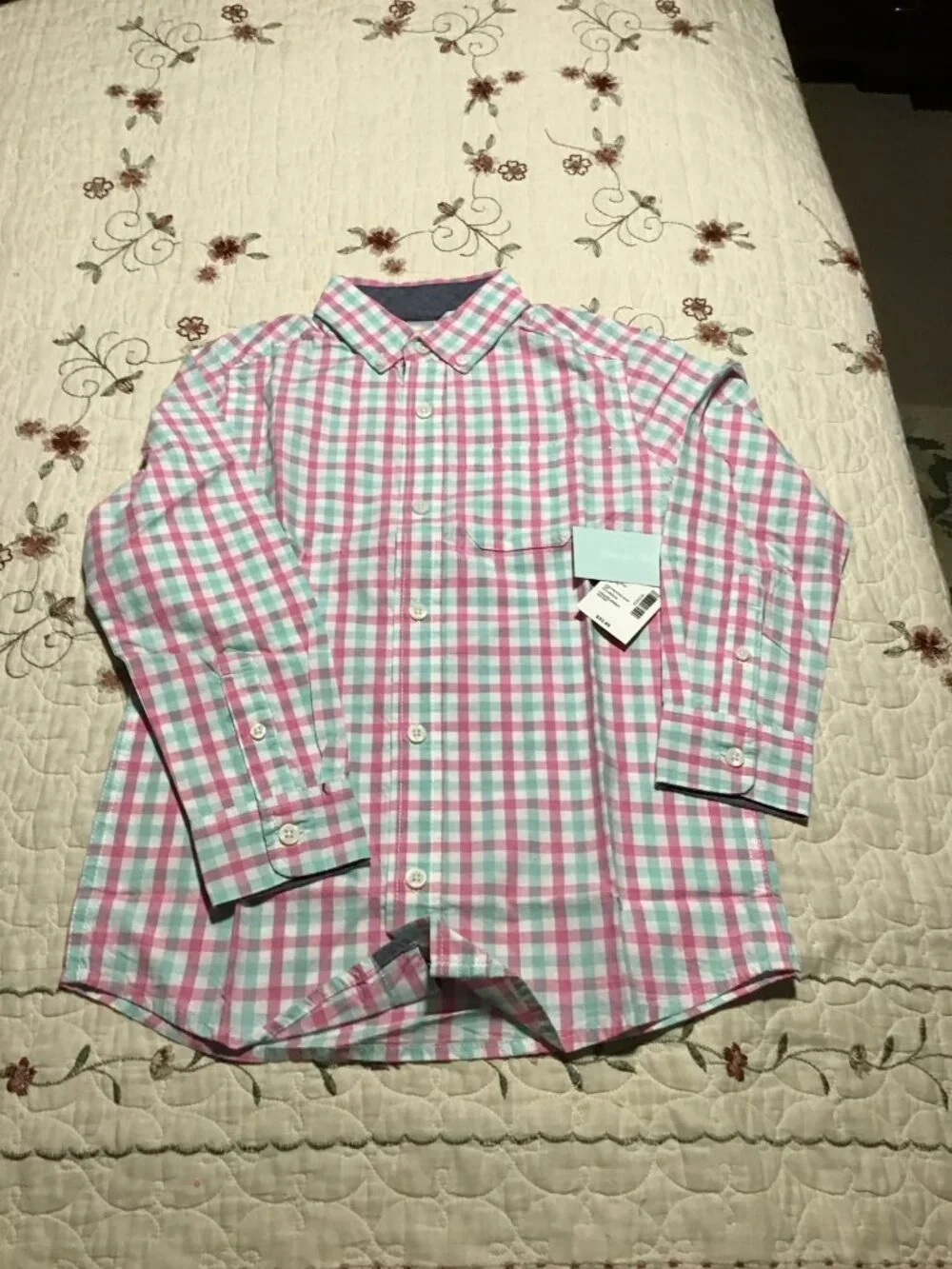 NWT Gymboree Boy's Size 7 Pink/Aqua Plaid Button Down Long Sleeve Shirt
